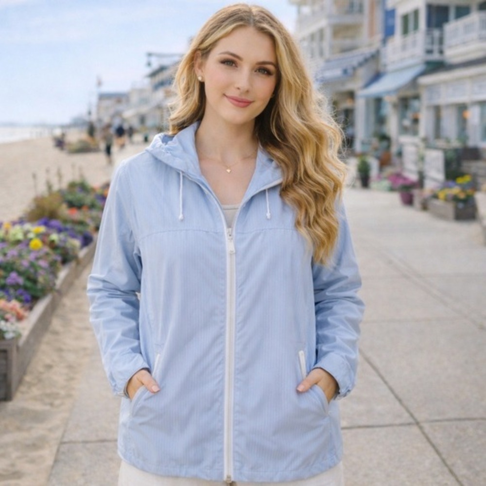 Penfield Light Blue Striped Hooded Windbreaker Jacket Women's‎ Size S